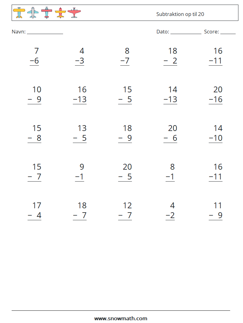 (25) Subtraktion op til 20 Matematiske regneark 14