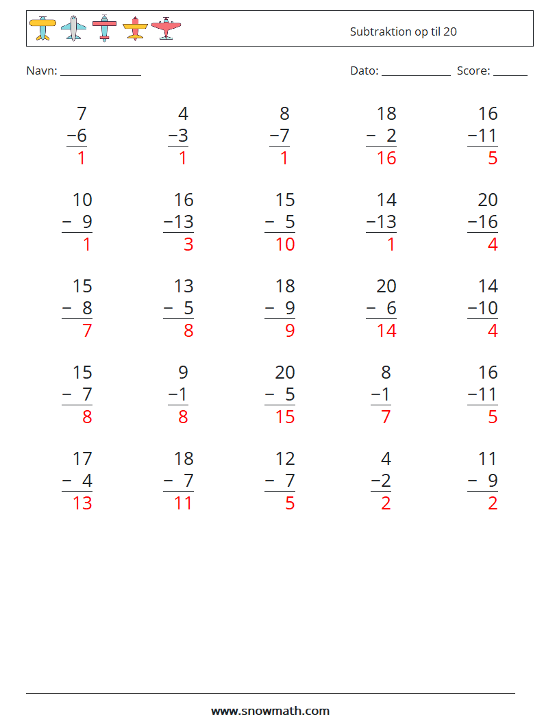 (25) Subtraktion op til 20 Matematiske regneark 14 Spørgsmål, svar
