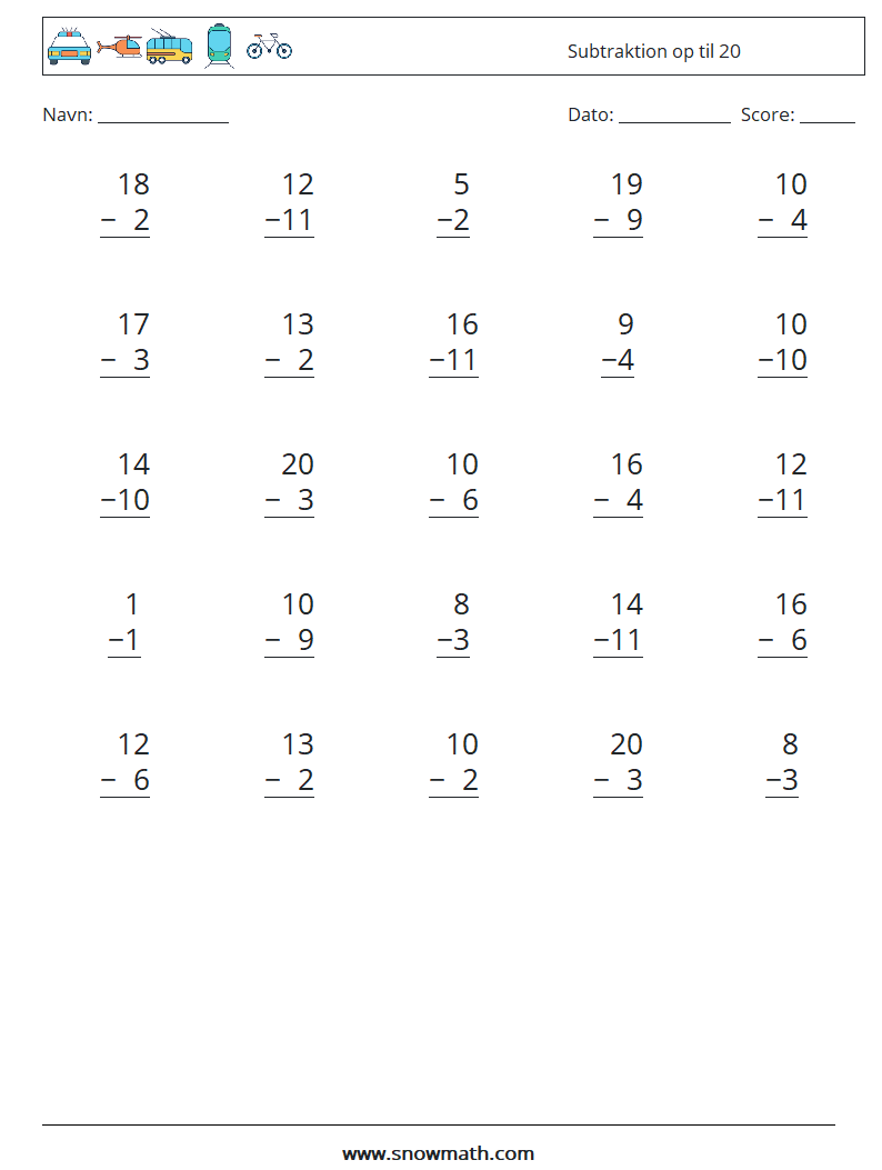 (25) Subtraktion op til 20 Matematiske regneark 15