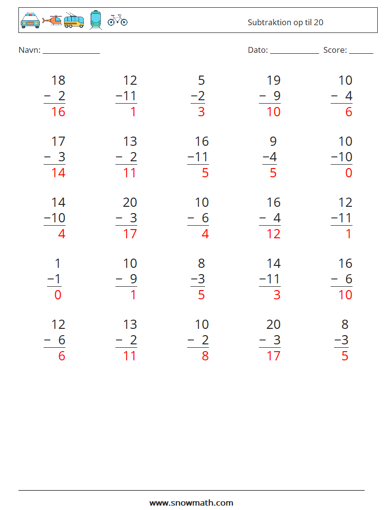 (25) Subtraktion op til 20 Matematiske regneark 15 Spørgsmål, svar