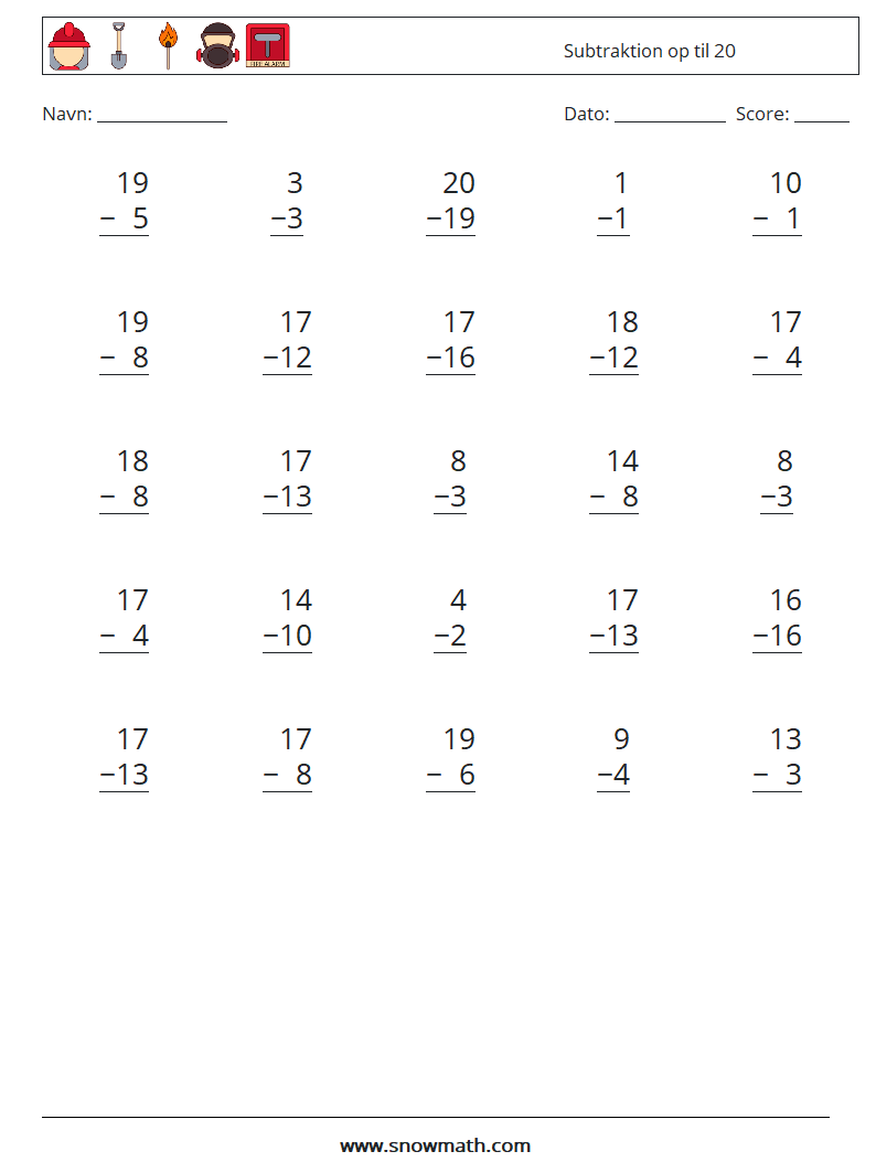 (25) Subtraktion op til 20 Matematiske regneark 16