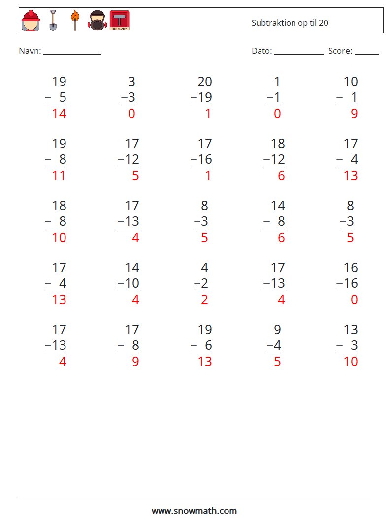 (25) Subtraktion op til 20 Matematiske regneark 16 Spørgsmål, svar