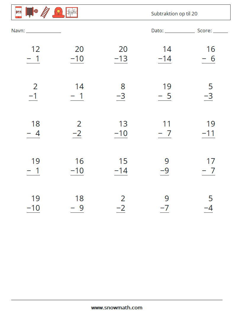 (25) Subtraktion op til 20 Matematiske regneark 17