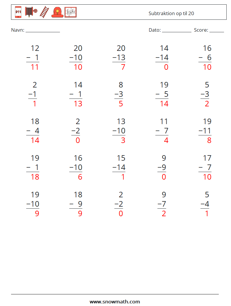 (25) Subtraktion op til 20 Matematiske regneark 17 Spørgsmål, svar