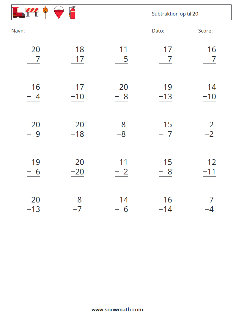 (25) Subtraktion op til 20 Matematiske regneark 18