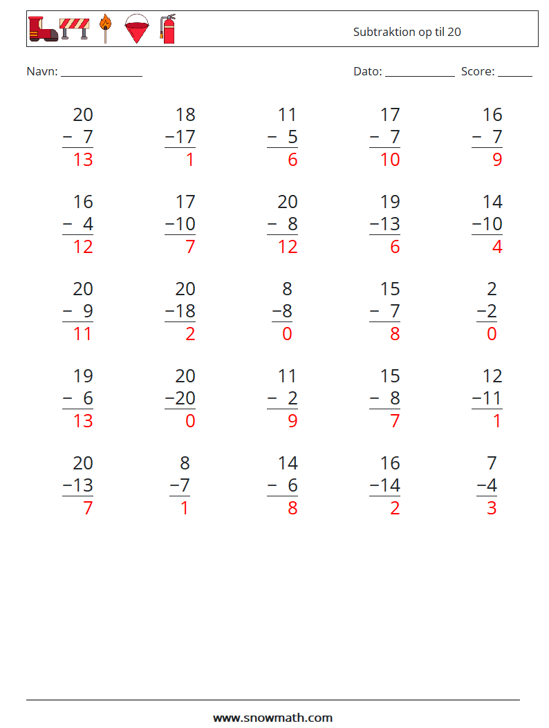 (25) Subtraktion op til 20 Matematiske regneark 18 Spørgsmål, svar