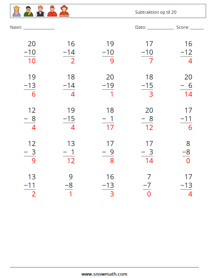 (25) Subtraktion op til 20 Matematiske regneark 1 Spørgsmål, svar