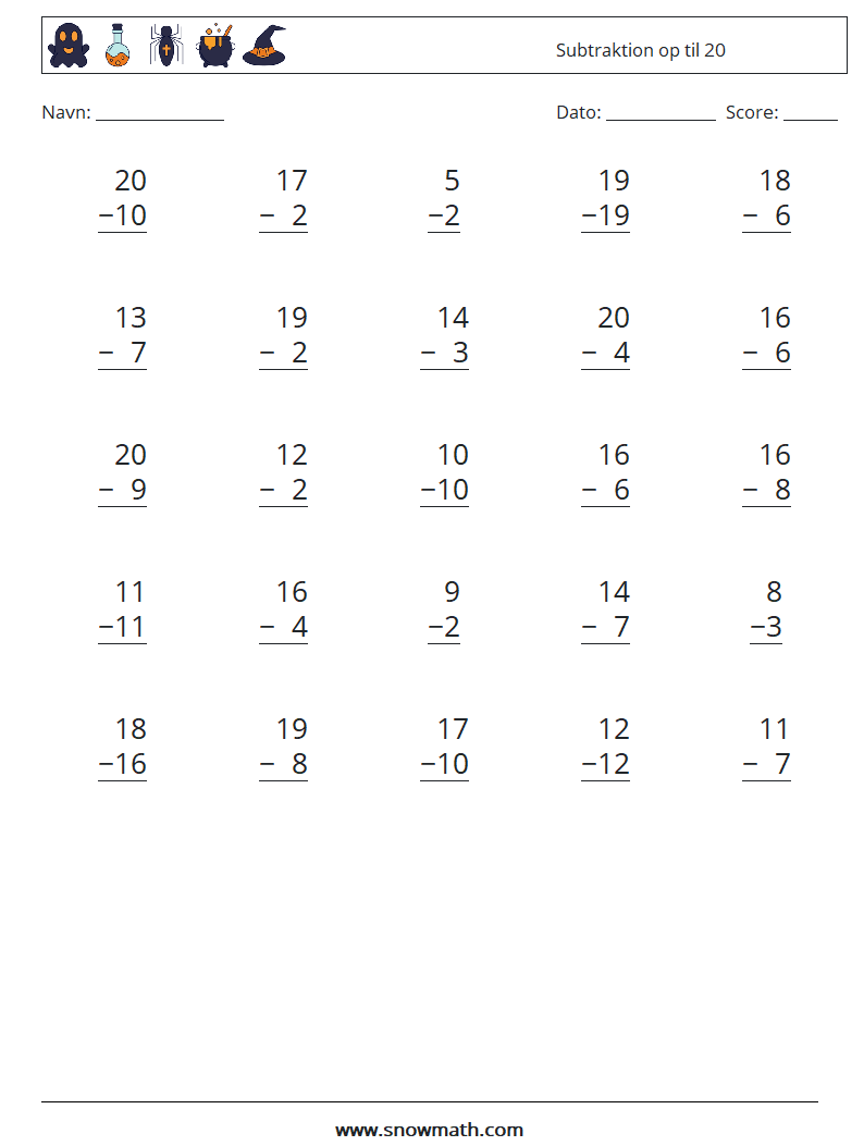 (25) Subtraktion op til 20 Matematiske regneark 2