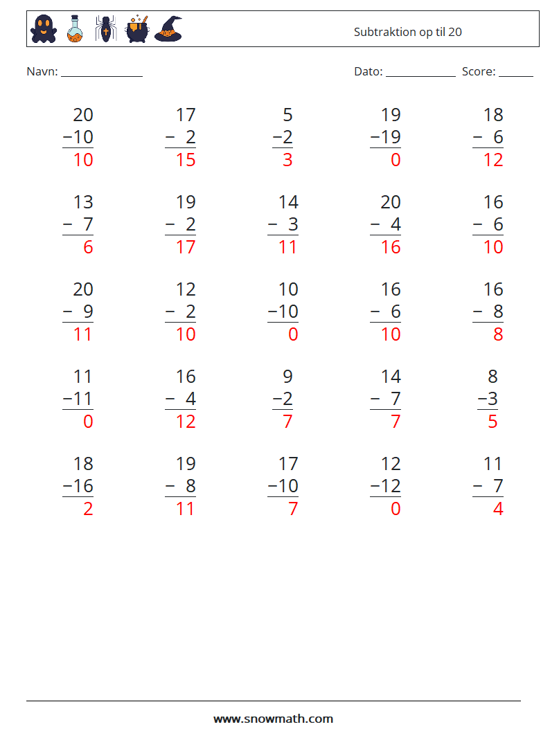 (25) Subtraktion op til 20 Matematiske regneark 2 Spørgsmål, svar