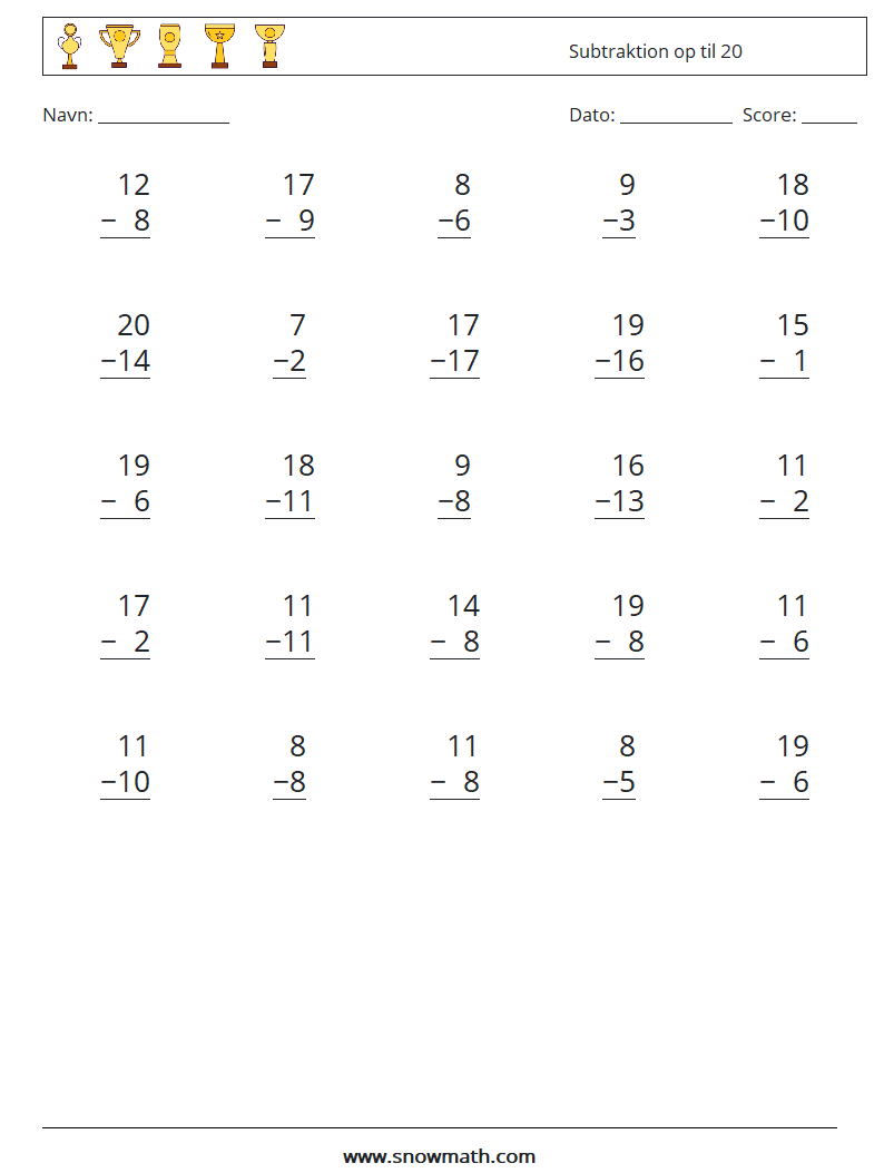 (25) Subtraktion op til 20 Matematiske regneark 3
