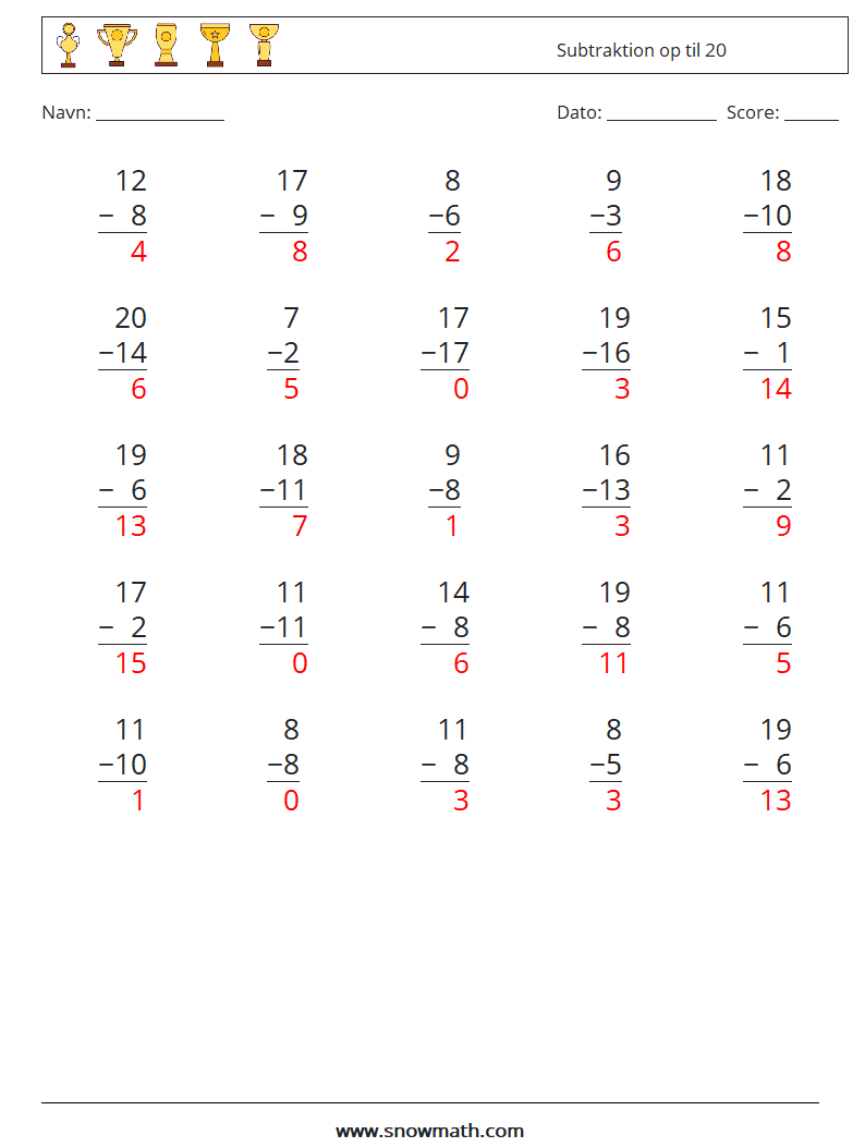 (25) Subtraktion op til 20 Matematiske regneark 3 Spørgsmål, svar
