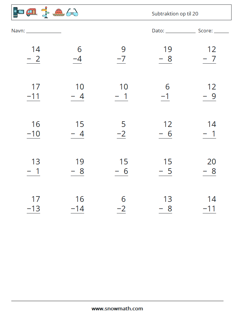 (25) Subtraktion op til 20 Matematiske regneark 4