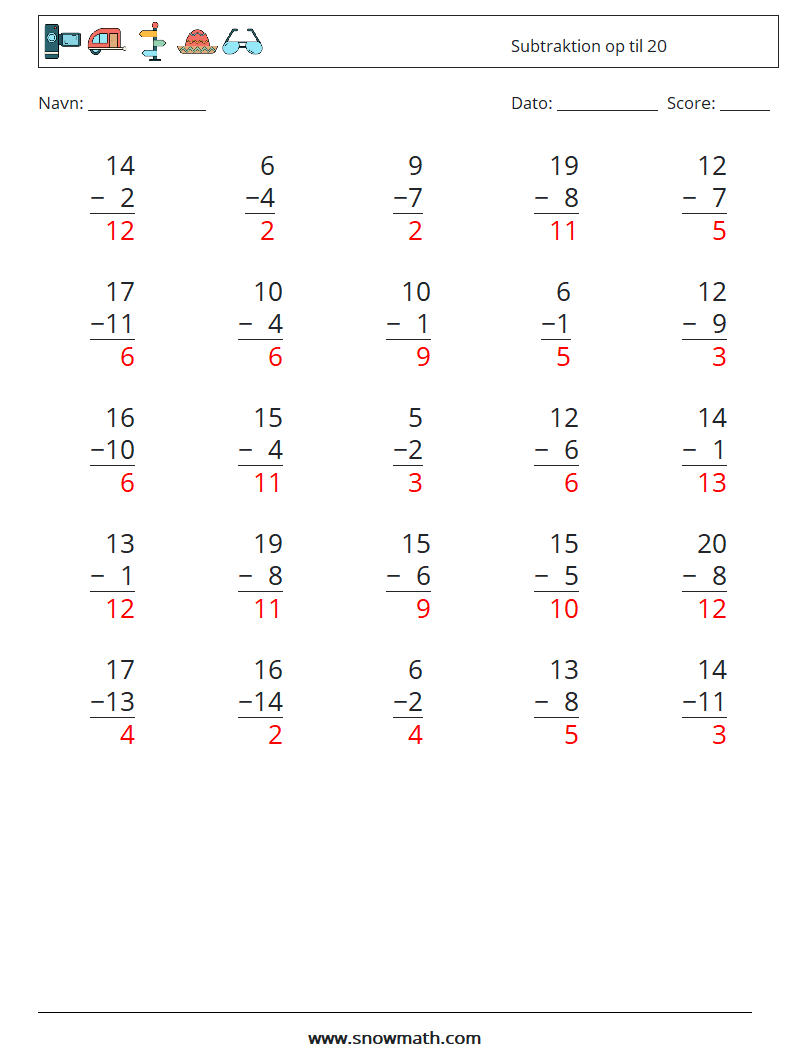 (25) Subtraktion op til 20 Matematiske regneark 4 Spørgsmål, svar