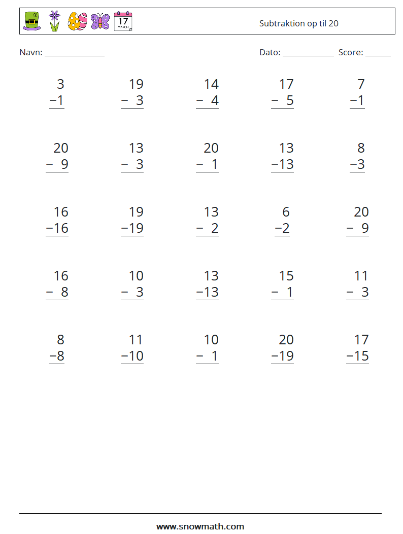 (25) Subtraktion op til 20 Matematiske regneark 5