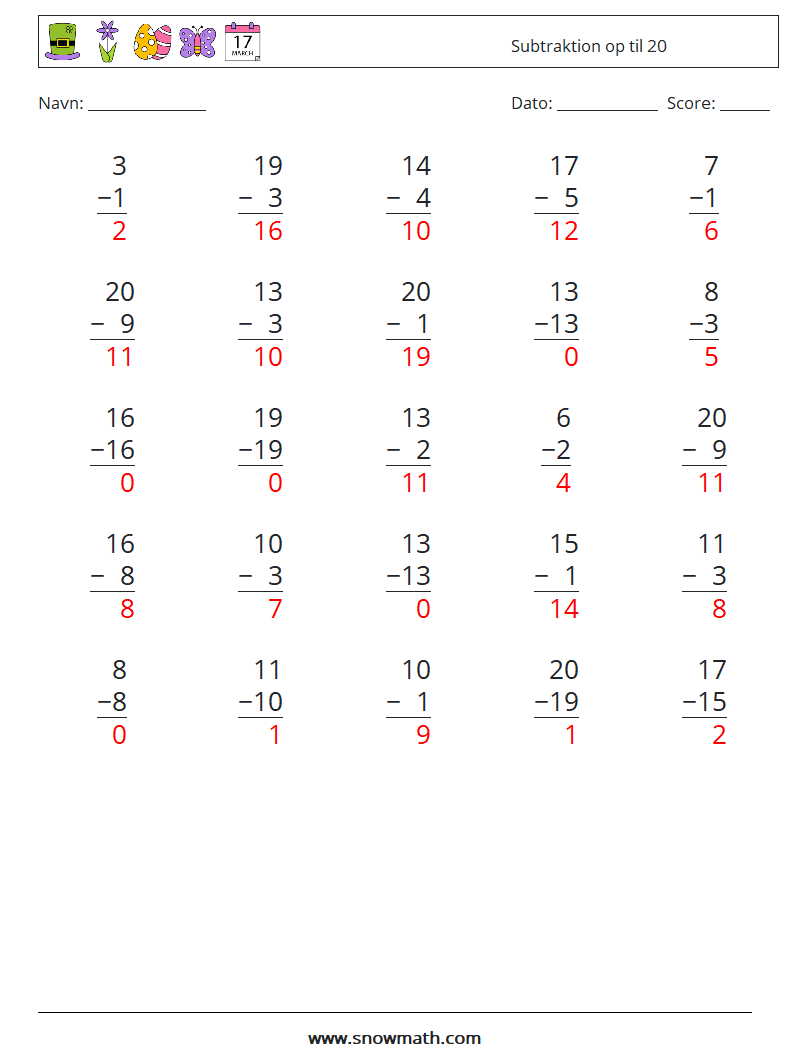 (25) Subtraktion op til 20 Matematiske regneark 5 Spørgsmål, svar