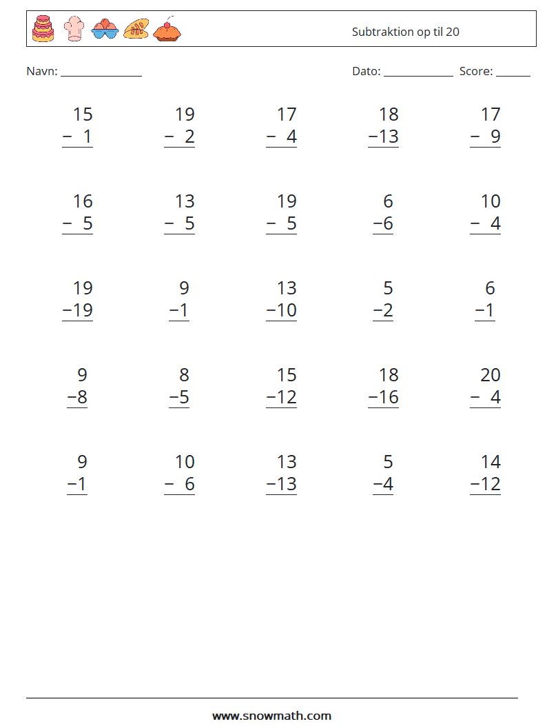 (25) Subtraktion op til 20 Matematiske regneark 6