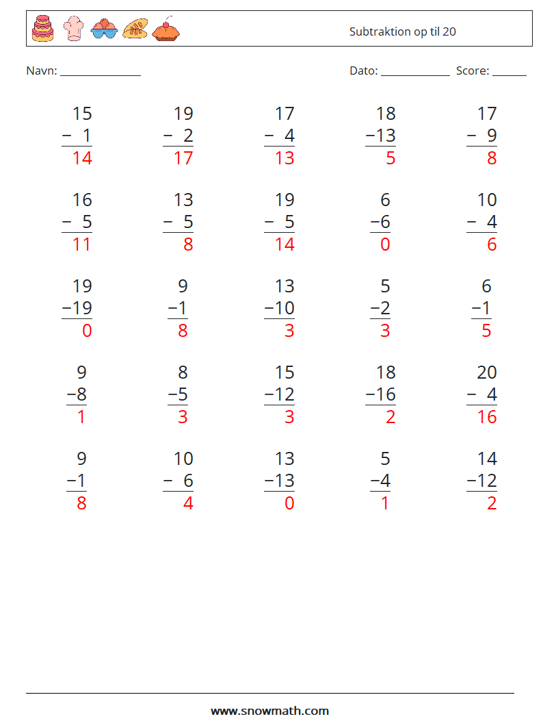 (25) Subtraktion op til 20 Matematiske regneark 6 Spørgsmål, svar