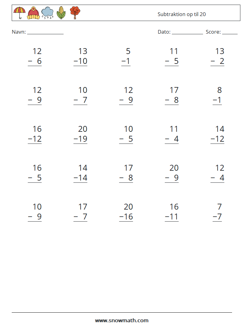 (25) Subtraktion op til 20 Matematiske regneark 7