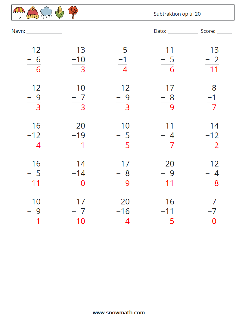 (25) Subtraktion op til 20 Matematiske regneark 7 Spørgsmål, svar