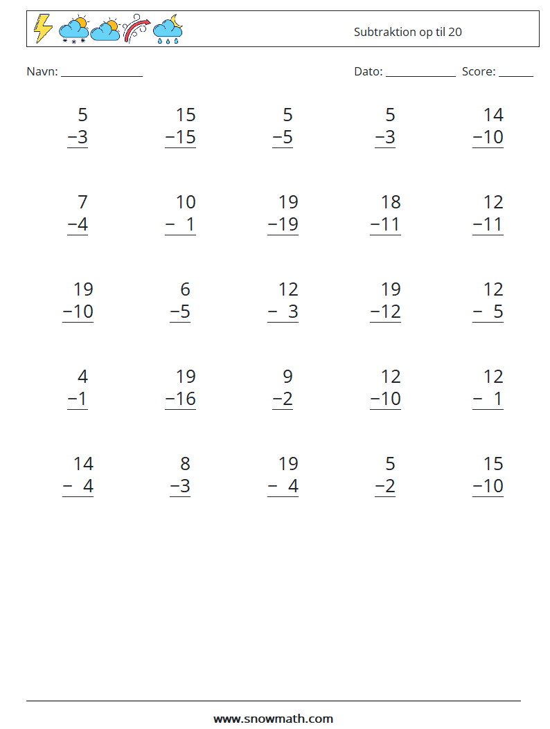 (25) Subtraktion op til 20 Matematiske regneark 8