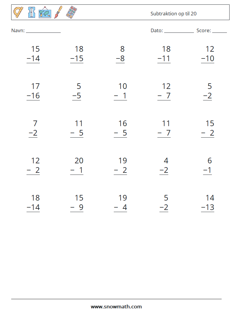 (25) Subtraktion op til 20 Matematiske regneark 9