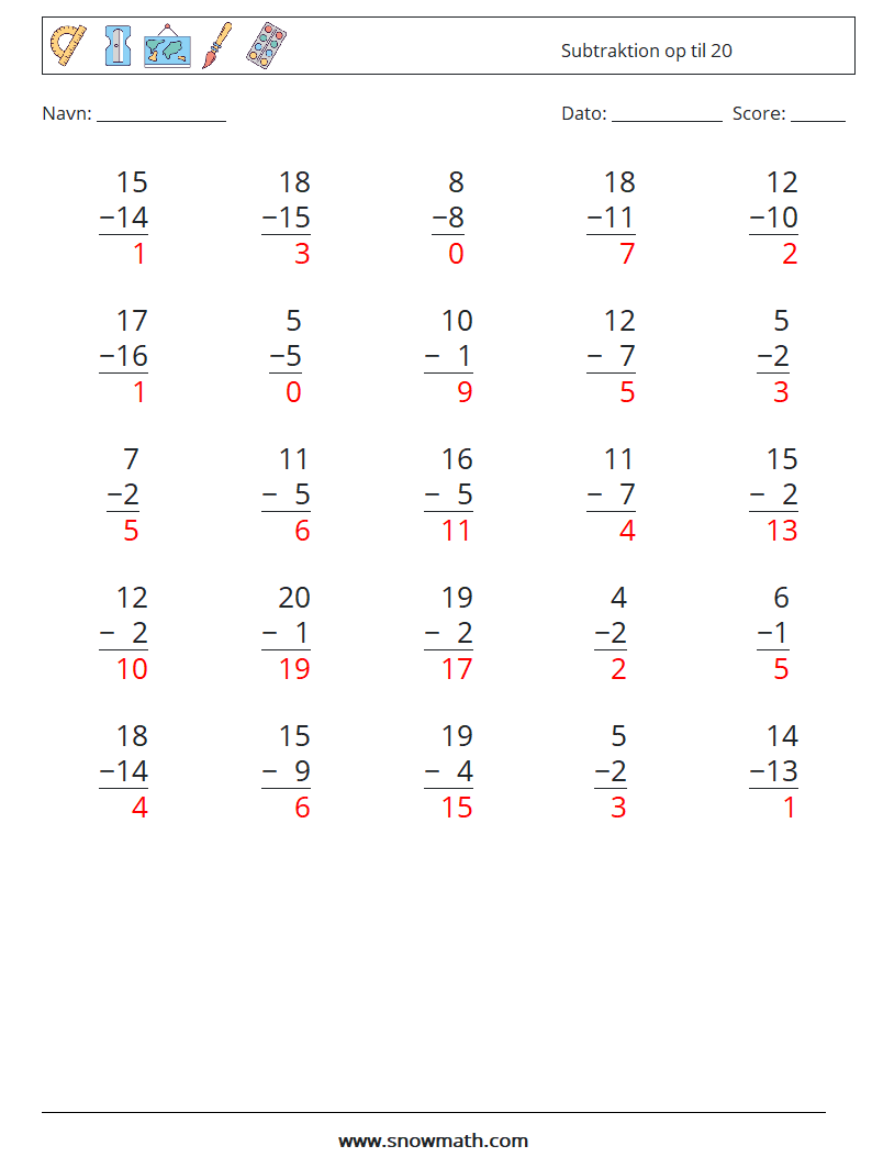 (25) Subtraktion op til 20 Matematiske regneark 9 Spørgsmål, svar