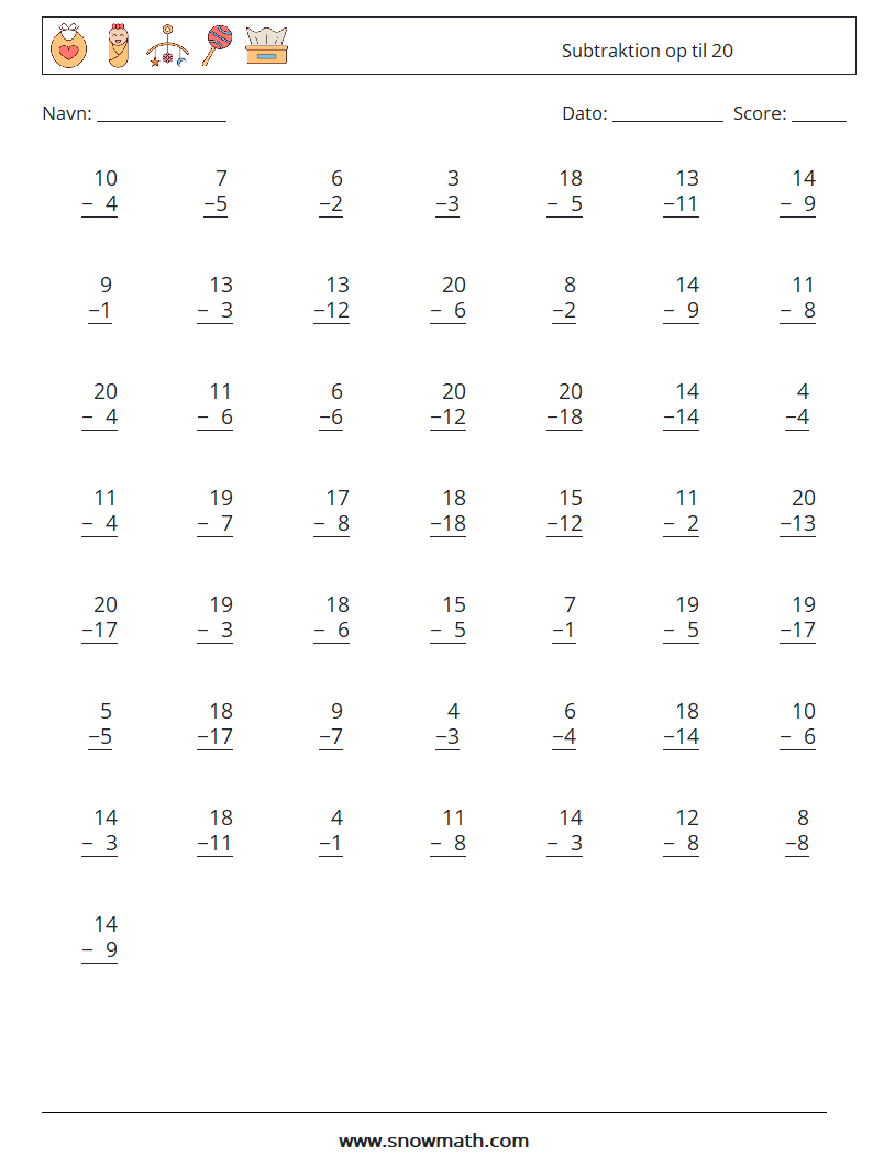 (50) Subtraktion op til 20 Matematiske regneark 1