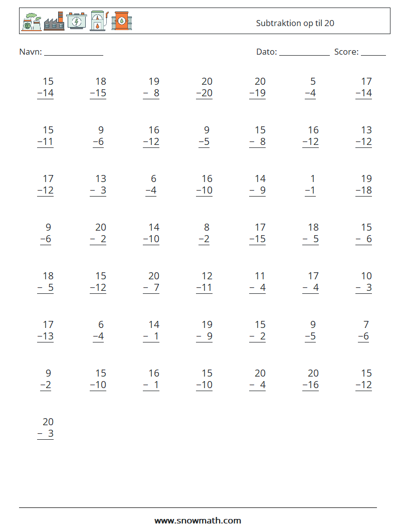 (50) Subtraktion op til 20 Matematiske regneark 11