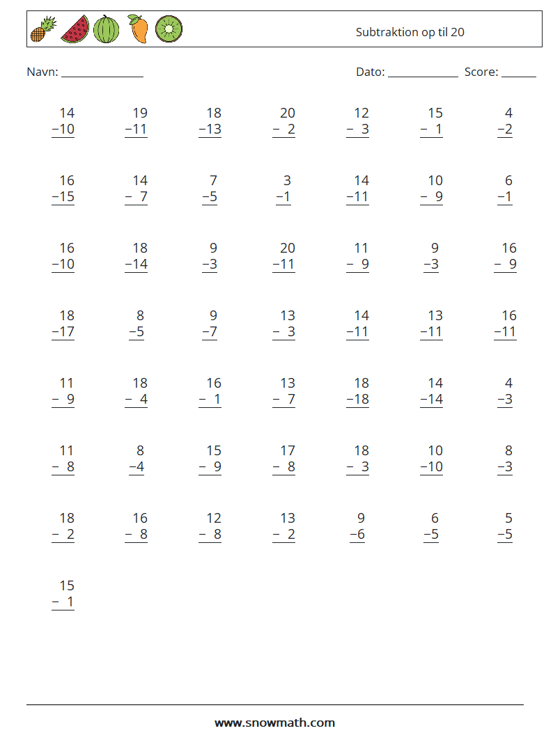 (50) Subtraktion op til 20 Matematiske regneark 12