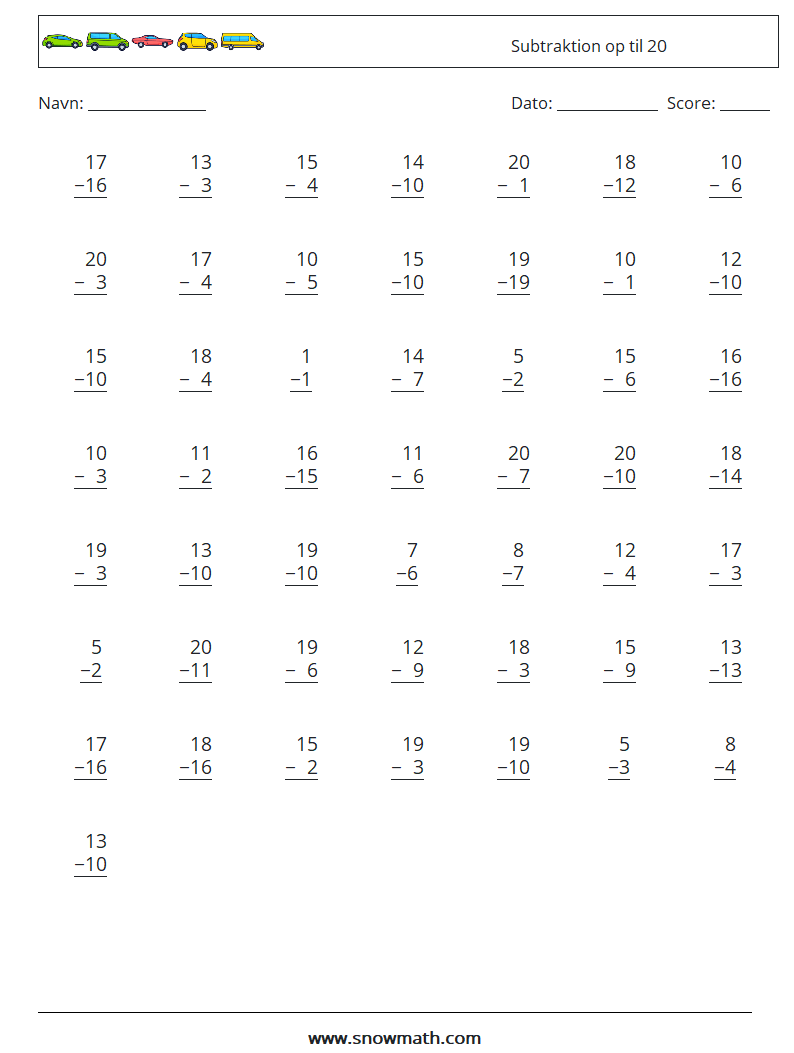 (50) Subtraktion op til 20 Matematiske regneark 13