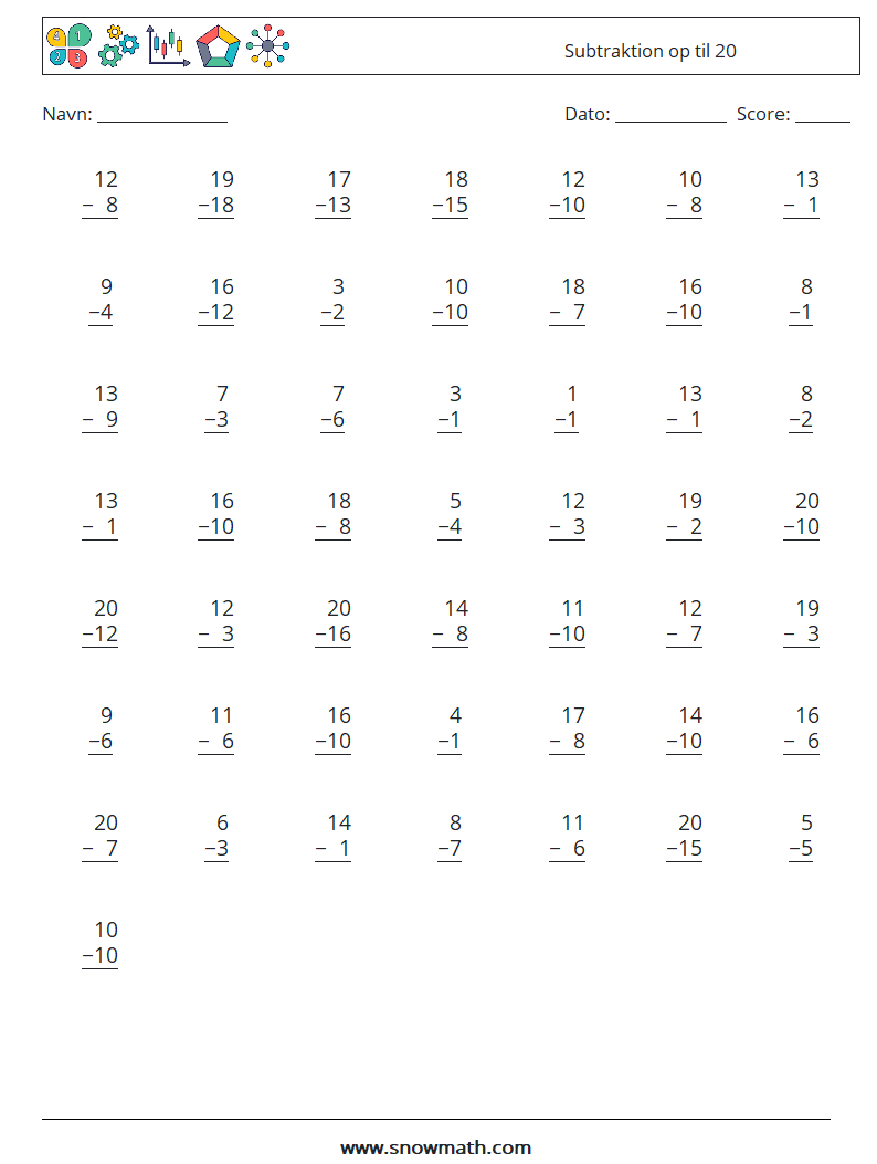 (50) Subtraktion op til 20 Matematiske regneark 14