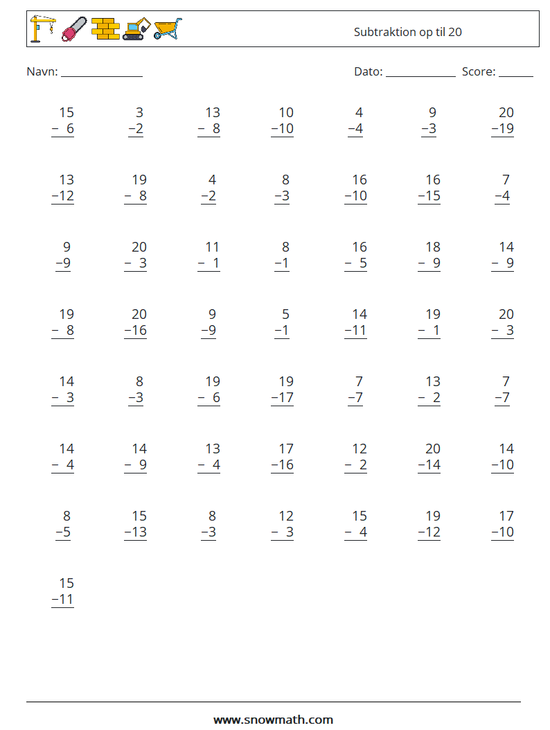 (50) Subtraktion op til 20 Matematiske regneark 15