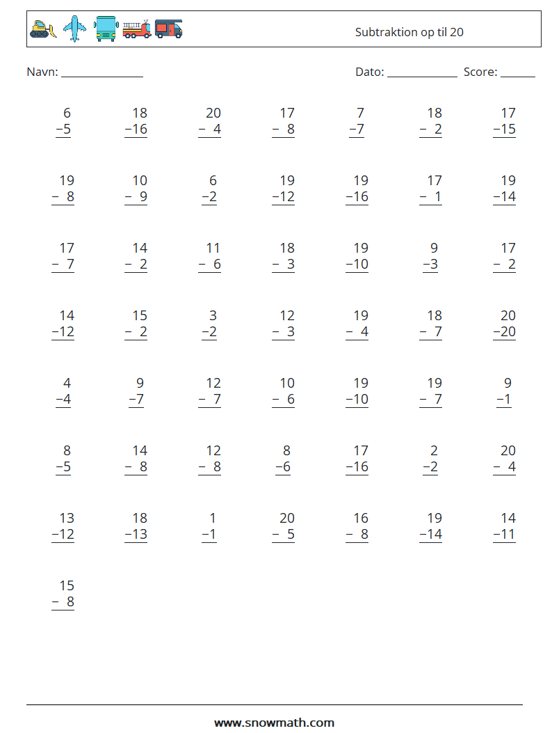 (50) Subtraktion op til 20 Matematiske regneark 16