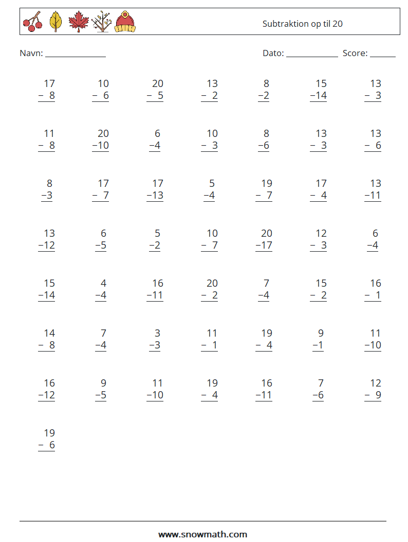 (50) Subtraktion op til 20 Matematiske regneark 17
