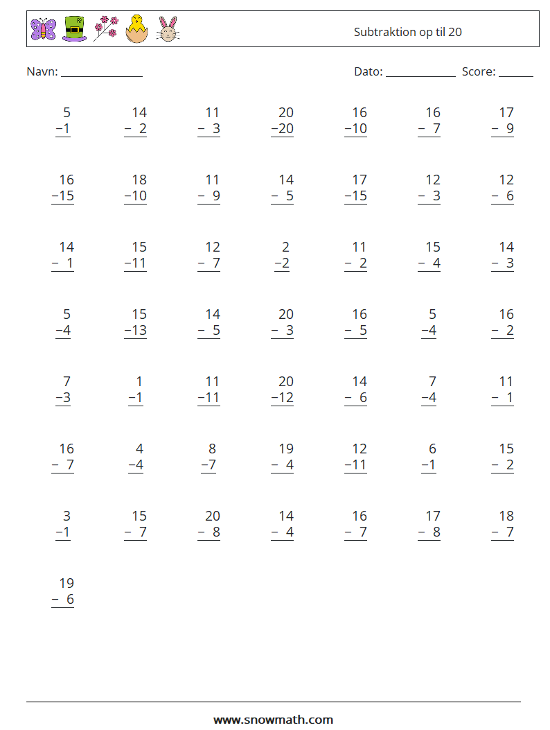 (50) Subtraktion op til 20 Matematiske regneark 18