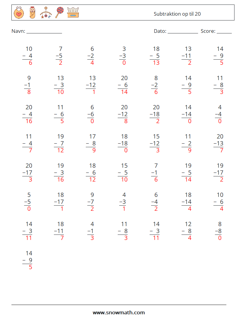(50) Subtraktion op til 20 Matematiske regneark 1 Spørgsmål, svar
