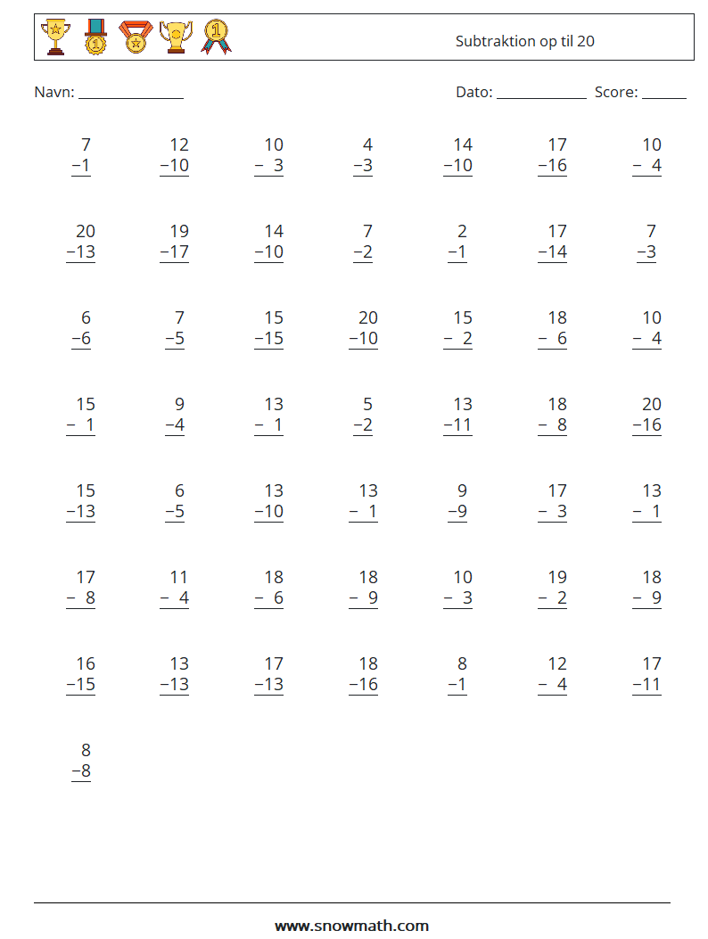 (50) Subtraktion op til 20 Matematiske regneark 2