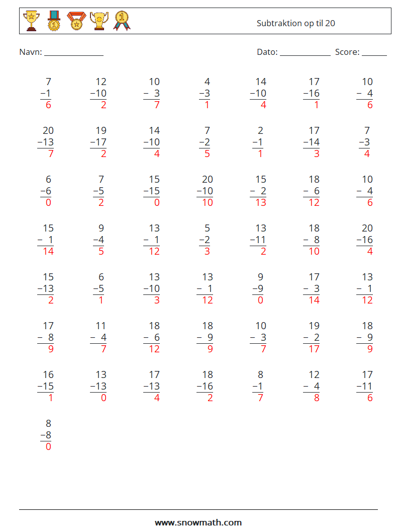 (50) Subtraktion op til 20 Matematiske regneark 2 Spørgsmål, svar
