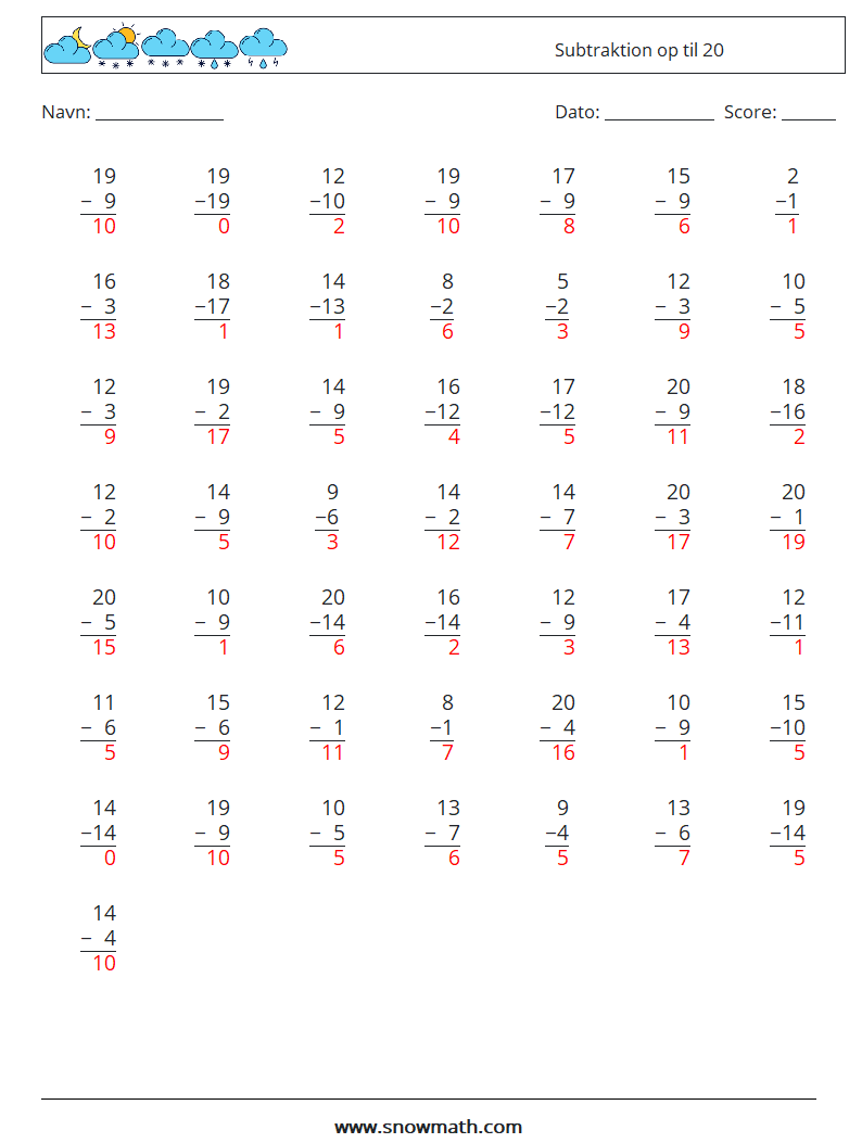 (50) Subtraktion op til 20 Matematiske regneark 3 Spørgsmål, svar