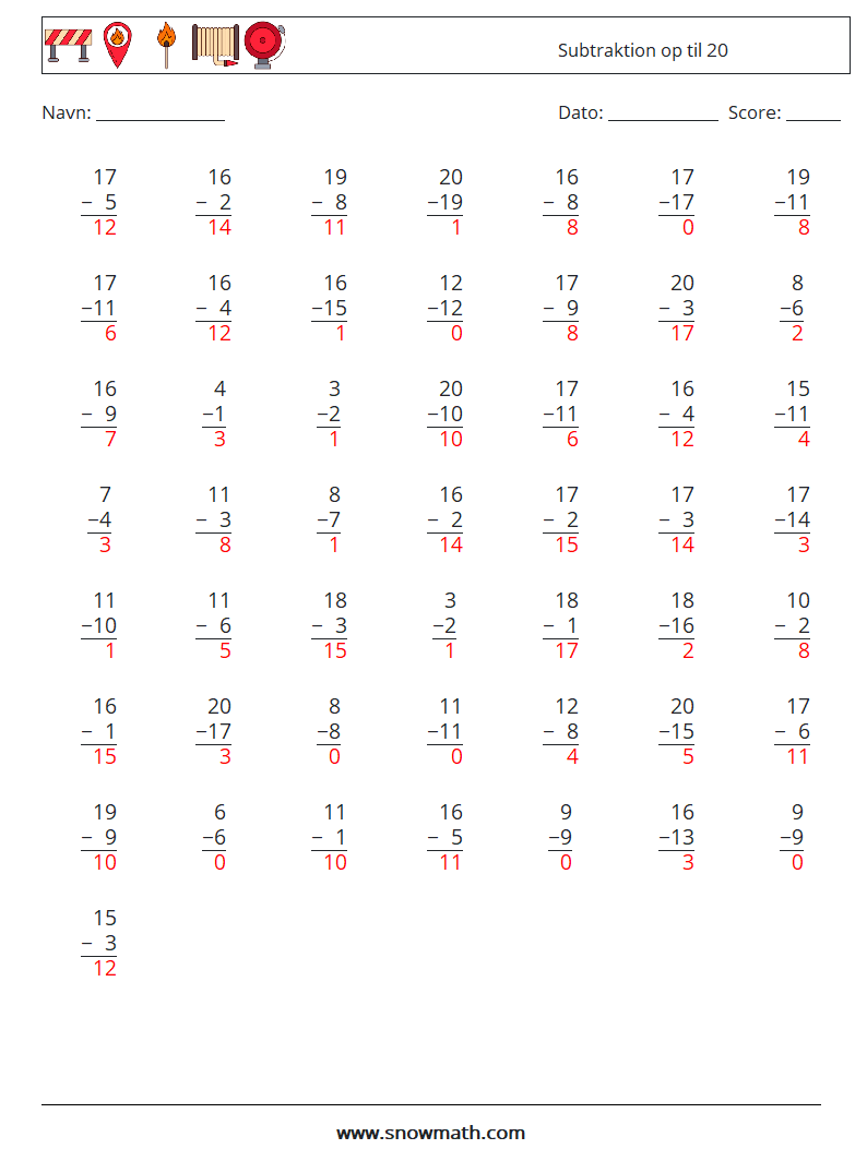 (50) Subtraktion op til 20 Matematiske regneark 4 Spørgsmål, svar