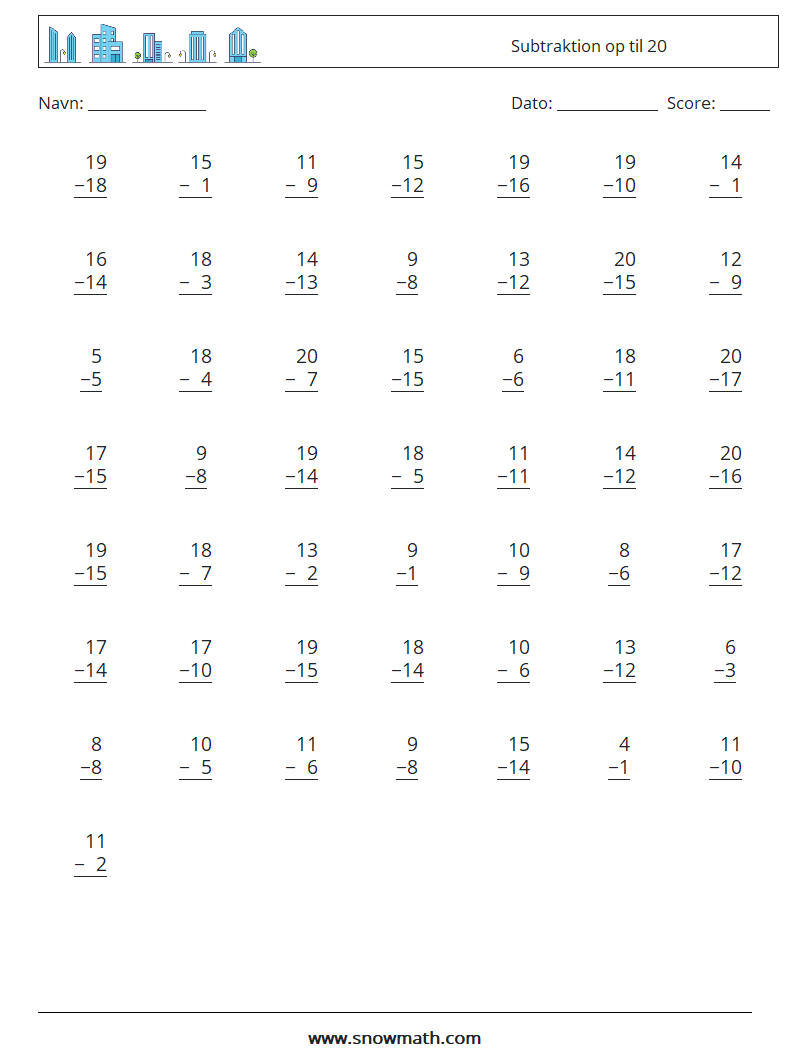 (50) Subtraktion op til 20 Matematiske regneark 5