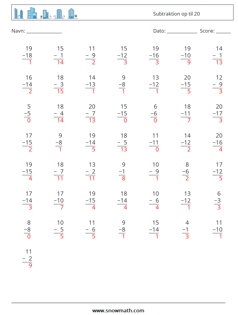 (50) Subtraktion op til 20 Matematiske regneark 5 Spørgsmål, svar