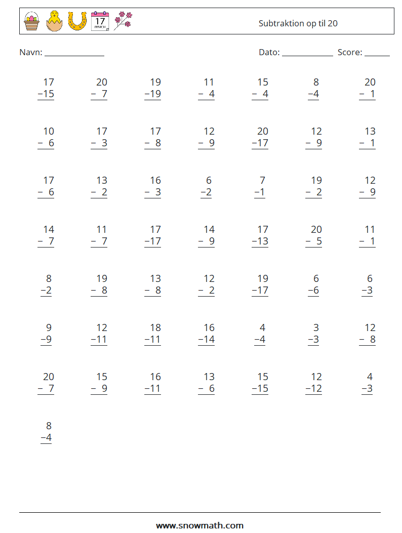 (50) Subtraktion op til 20 Matematiske regneark 6