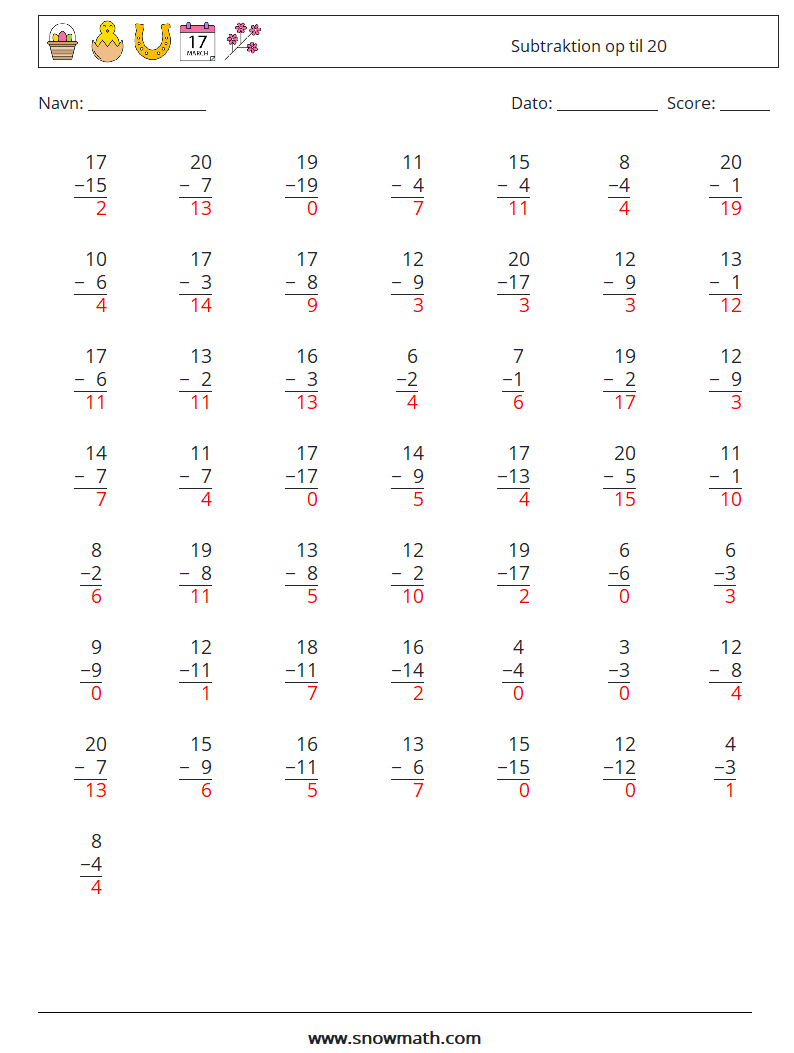 (50) Subtraktion op til 20 Matematiske regneark 6 Spørgsmål, svar