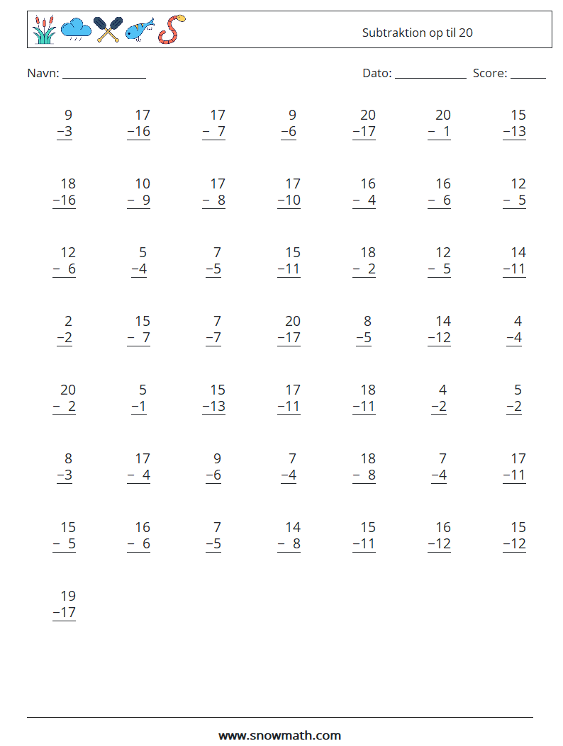(50) Subtraktion op til 20 Matematiske regneark 7