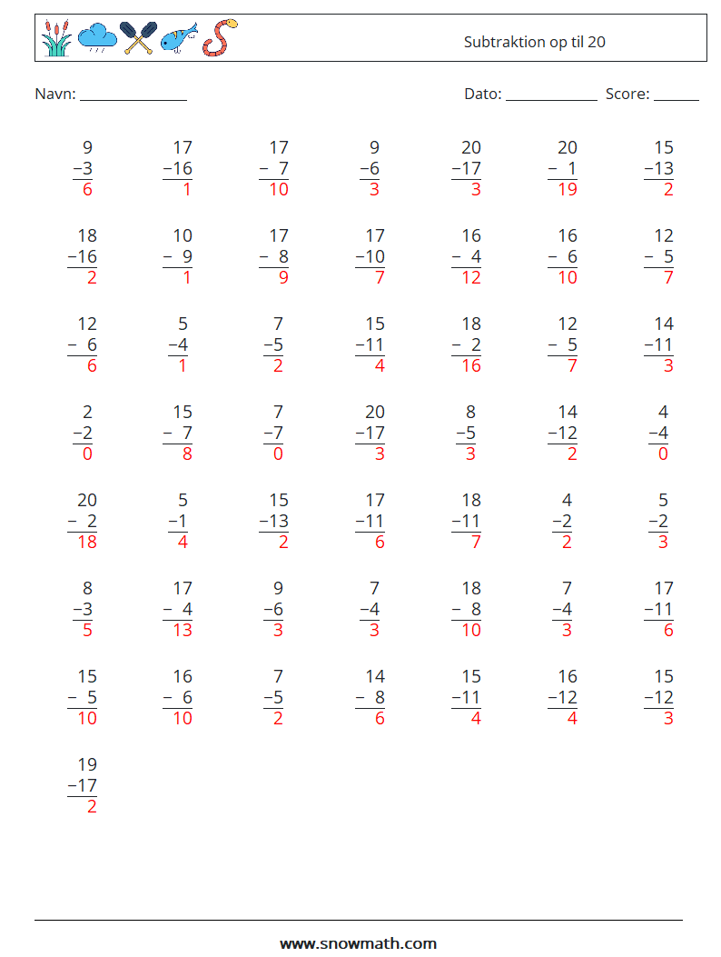 (50) Subtraktion op til 20 Matematiske regneark 7 Spørgsmål, svar