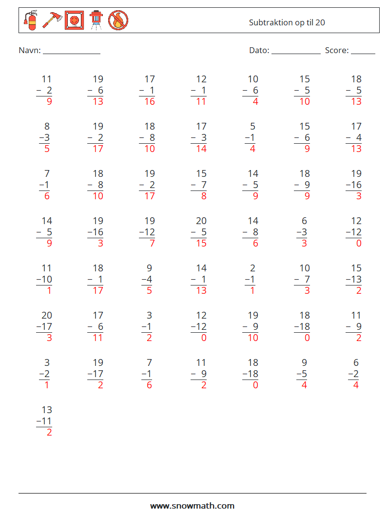 (50) Subtraktion op til 20 Matematiske regneark 8 Spørgsmål, svar