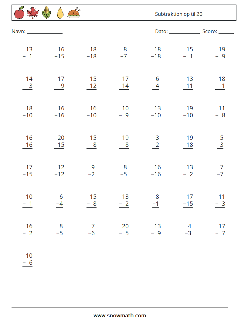 (50) Subtraktion op til 20 Matematiske regneark 9