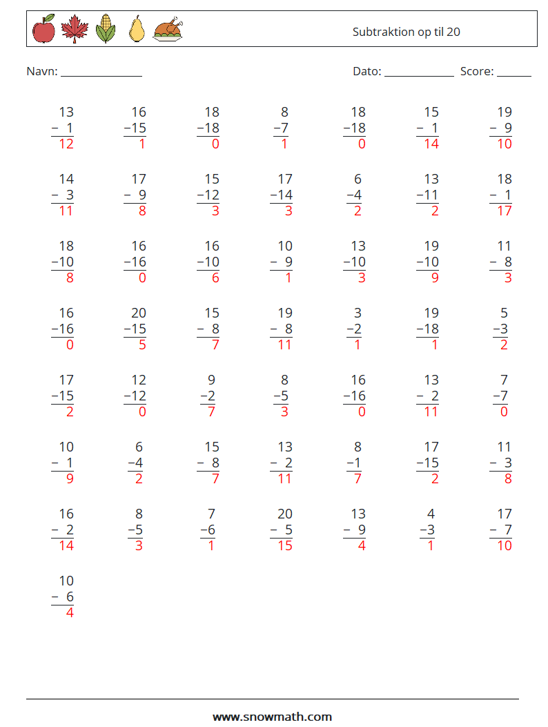 (50) Subtraktion op til 20 Matematiske regneark 9 Spørgsmål, svar