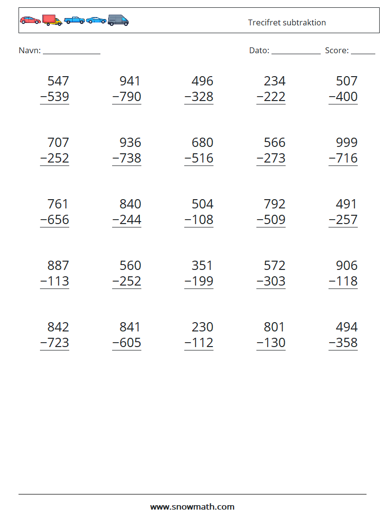 (25) Trecifret subtraktion Matematiske regneark 1